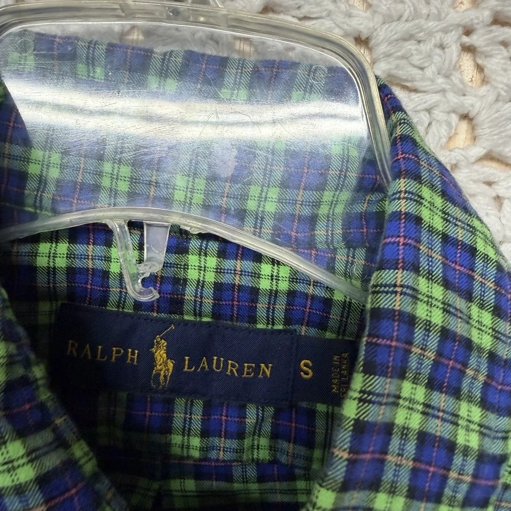 Ralph Lauren Shirt Mens S‎ Green Blue Orange Pony Check Button Down 100%Cotton